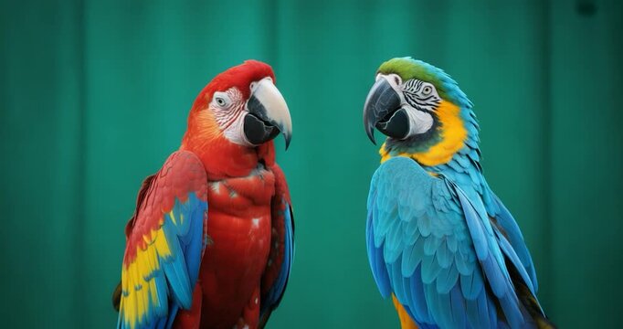 Blue, Red and yellow macaws perched on a branch in a tropical setting