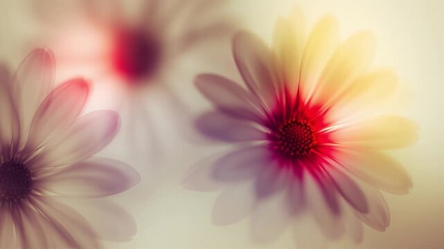 Seamless loop of abstract soft focus pink and white daisy flowers blown by the wind on pastel bokeh botanical background
