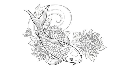Obraz premium Koi Fish and Chrysanthemum Flowers Line Art Illustration