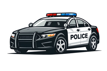 Fototapeta premium Police patrol car illustration isolated on white background, black and white law enforcement vehicle with siren lights