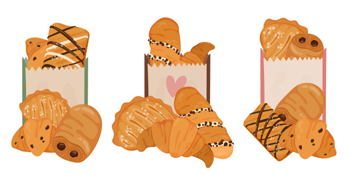 Flat vector illustration of bakery pastry assortment in paper takeaway bags. Croissants, sweet buns and puff pastries collection. Perfect for cafe menu design, bakery branding, packaging, advertising 