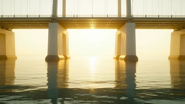 Large bridge structure over reflective water during daytime