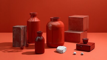 Minimal red ceramic bottles and boxes arranged on monochromatic background showcasing bold contemporary product design concept