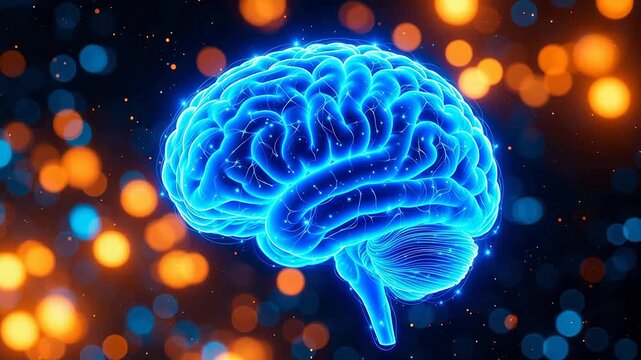 Blue glowing brain against bokeh background