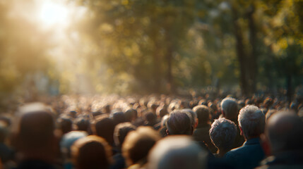 A sea of unseen faces are positioned in front of a blurred backdrop of trees that are united in their faith during the outdoor church service.
