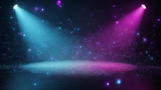 Colorful empty stage with blue and purple spotlights and glowing particles in dark background