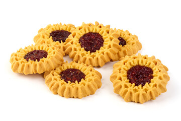 Butter cookies with berry jam filling, isolated on white background