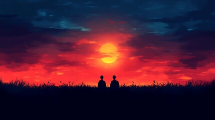 Two figures silhouetted against a fiery sunset