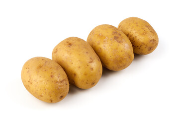 Four fresh potatoes, isolated on white background