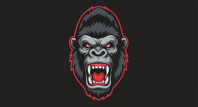 Aggressive Gorilla Face Illustration with Open Mouth.