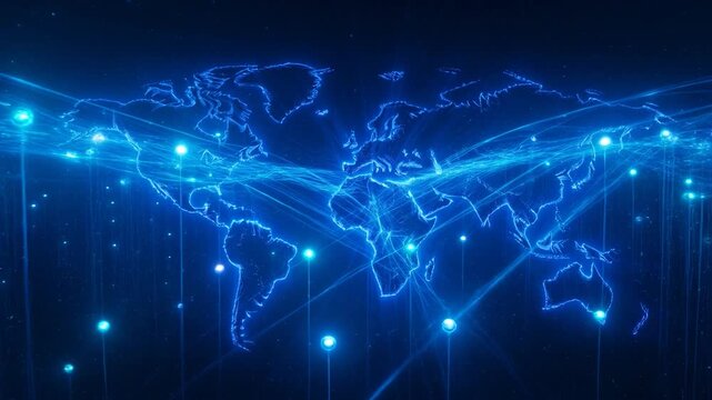 A luminous blue world map with interconnected nodes and glowing points of light