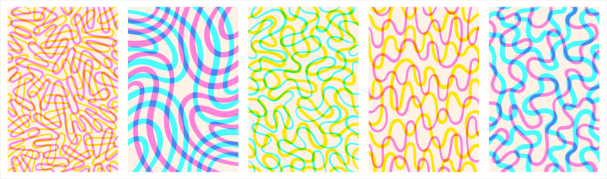 Modern abstract backgrounds set. Multi-layered riso print effect. Twisted hand drawn lines fluid curved wiggling stripes waves. Chaotic colorful patterns collection. Doodle uneven wavy organic line.