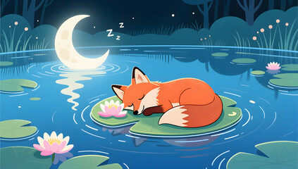 Fototapeta premium Quiet sleeping fox under moonlight for World Sleep Day