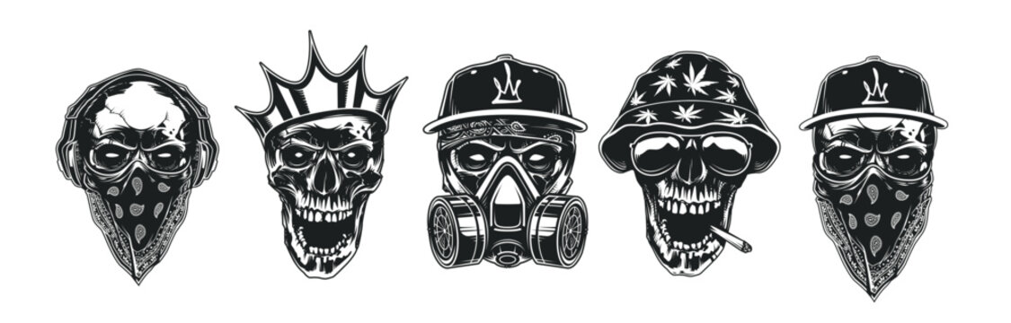 Vector set of skull characters in streetwear and urban style isolated on white background
