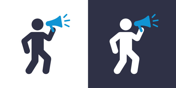 Stick figure running with megaphone shouting loud voice