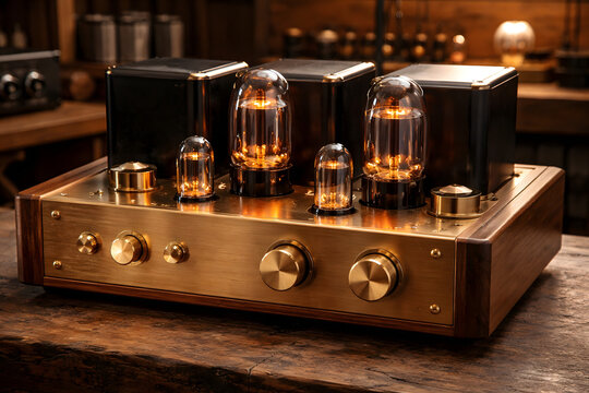 retro audio equipment, a retro tube amplifier with glowing vacuum tubes is showcased on a wooden surface, against a warm, wood-paneled backdrop