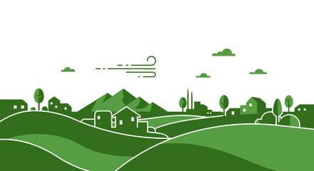Green Landscape with Houses and Trees Illustration.