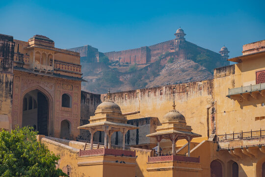 Historic Amber Fort and Jaigarh Fort View in Jaipur India with copy space