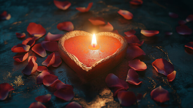 Heart-Shaped Burning Candle Surrounded by Red Rose Petals on a Dark Background