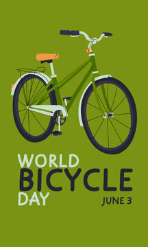 World Bicycle Day vertical banner with green city bike on olive background. Flat illustration for social media stories, healthy lifestyle posters, eco friendly greeting cards or June 3 invitations.