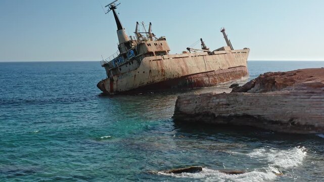 Woman stands on rocky Mediterranean shore near Paphos, Cyprus, gazing at the rusty EDRO III shipwreck grounded off the coast under a clear blue sky, serene travel scene