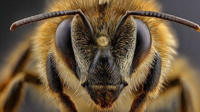 Closeup macro photo of a honey bee with its face
