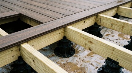 Construction of a modern composite deck, showing the substructure and base supports with wooden joists.