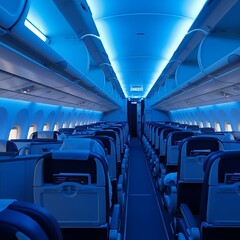Empty passenger cabin illuminated by dramatic blue accent lighting along the ceiling