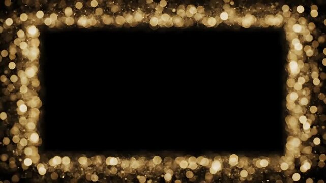 Golden bokeh lights create a rectangular border frame against a black background.