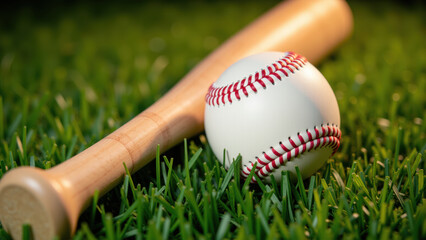 Baseball bat grass sport equipment outdoor closeup wooden ball recreation Baseball bat and ball green grass closeup outdoor sport equipment wooden