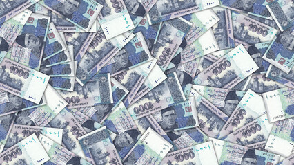 Seamless pattern. Financial illustration. Many scattered Pakistani 1000 rupee banknotes. Obverse and reverse. Money of Islamic Republic of Pakistan. One thousand rupees. Economic. Wallpaper