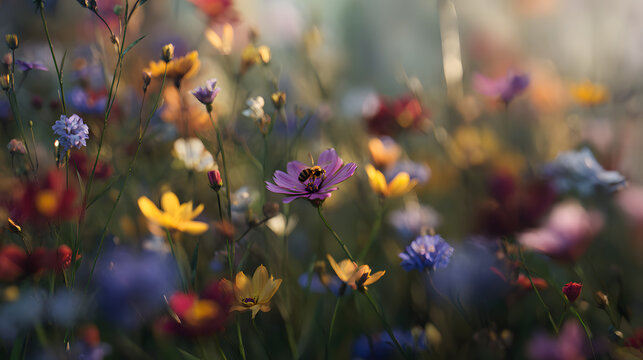 The delicate dance of pollination is highlighted as wildflowers in rich and vibrant colors bloom and a close-up shot of a bee gathers nectar.