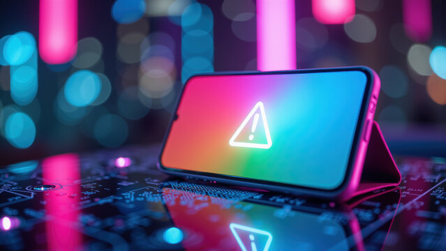 Smartphone with warning symbol on vibrant neon background, digital error alert, technology malfunction, futuristic cityscape, glowing lights