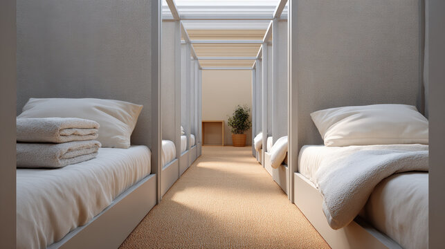 Bunk beds arranged in narrow dormitory corridor interior