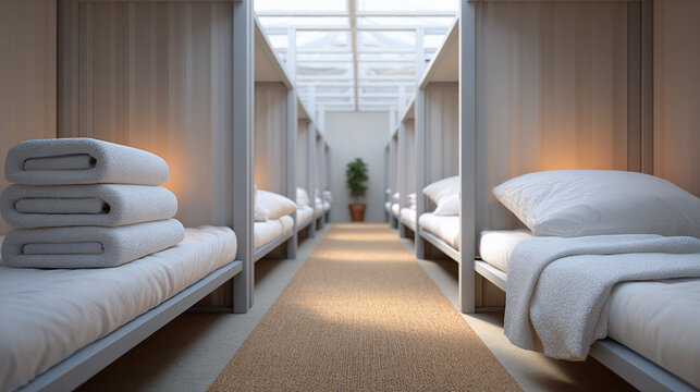 Dormitory bunk beds with stacked towels and central aisle