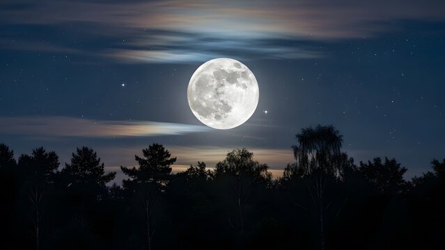 Luminous full moon in a tranquil night sky, casting a soft glow over a silhouetted forest, creating a serene nocturnal landscape with distant stars