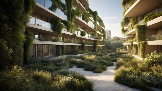 Complejo residencial sostenible con jardines verticales y dise&ntilde;o moderno