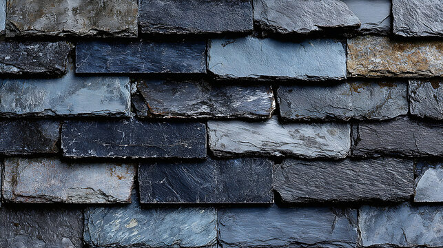 Textured Slate Roof Tiles Background with Weathered Grey and Blue Stone Shingles for Architectural Design, Construction Projects, and Industrial Material Textures.
