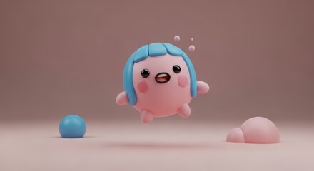 Obraz premium Pink Cartoon Character with Blue Hair.