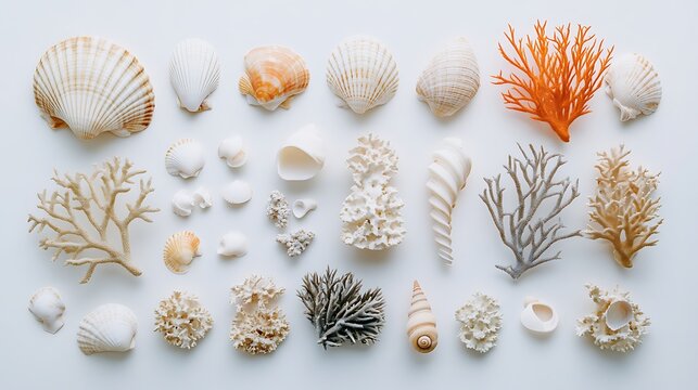 Collection of seashells and coral on white background for decorative purposes