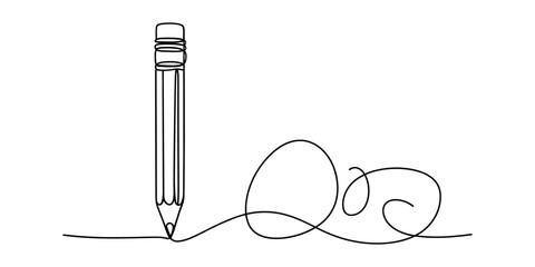 Continuous line drawing of a pencil standing upright and creating a scribbled path on white. Vector, illustration © Jotish_Design Store