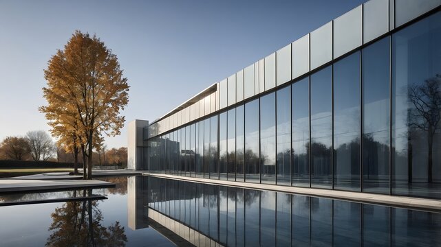 Edificio moderno con fachada acristalada reflejada en estanque