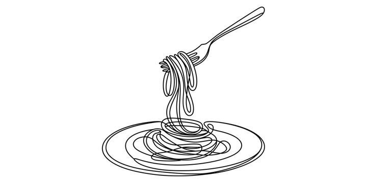 A simple black and white line drawing of a plate of spaghetti with a fork lifting some noodles. Vector, illustration