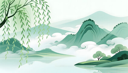 Naklejka premium Spring landscape with mountains and willows in Chinese style