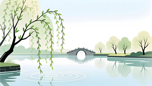 Spring scenery of Jiangnan riverside with budding willows