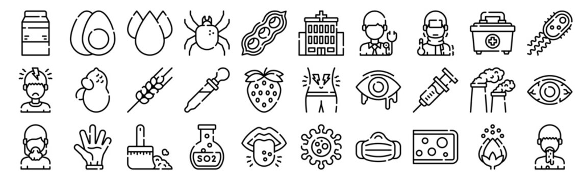 Set of 30 allergies thin line web icons such as milk, peanut, latex, wheat, soybean, sulfite, mite, dust, air pollution, headache, eye, tongue icons