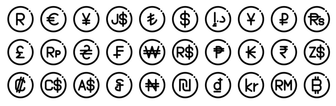 Set of 30 currency thin line vector icons including dollar, euro, pound, yen, rupee, naira, riel, franc, and various international monetary symbols for web and app design