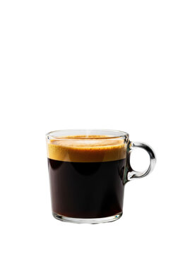 Freshly brewed ristretto espresso in a transparent glass mug with golden crema and rising steam on a transparent background. Concept for beverage advertising