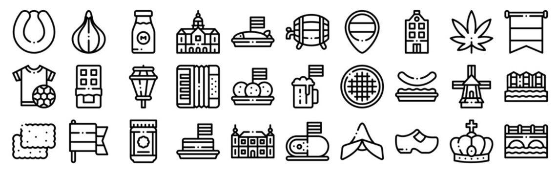 Set of 30 Holland thin line web icons including stroopwafel, windmill, tulip, cheese, clogs, royal palace, Amsterdam, bitterballen. Vector outline icon pack