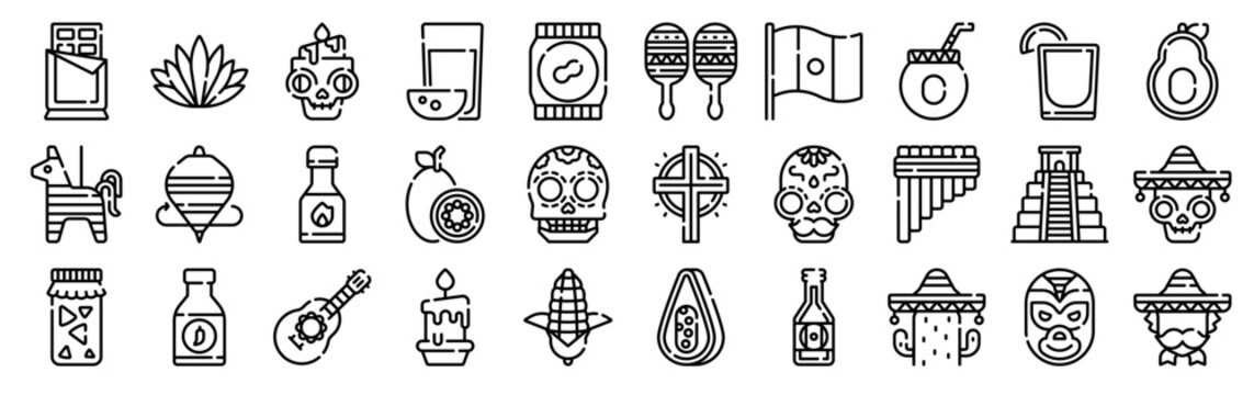 Set of 30 Mexico thin line web icons including chili, pi&Atilde;&plusmn;ata, skull, corn, candle, agave, guitar, maracas. Vector outline illustration pack for cultural and travel projects